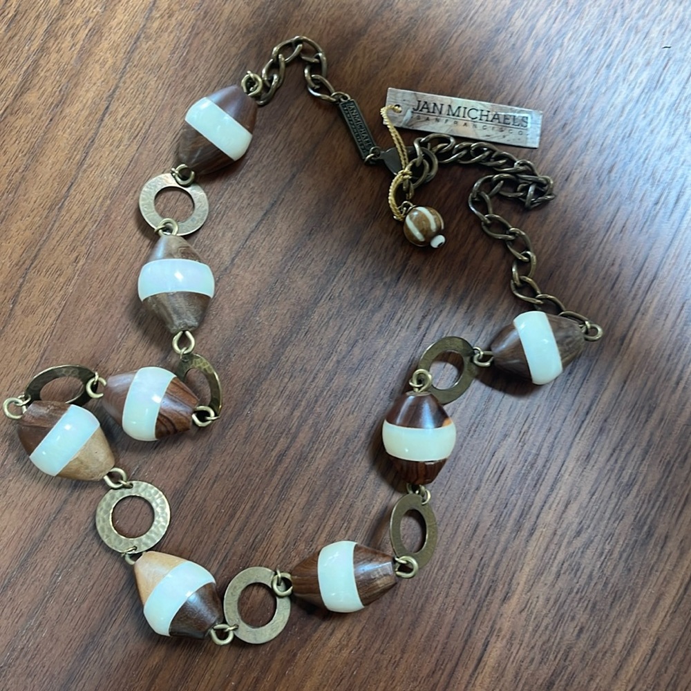 Jan Michaels of San Francisco brass, wood bead  necklace